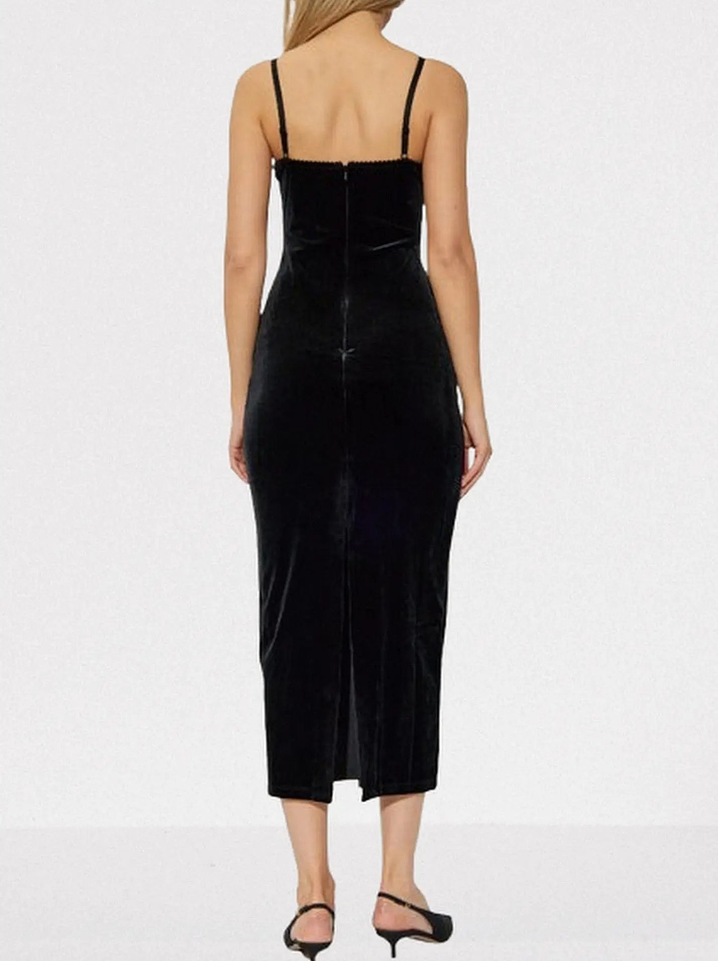 Black Velvet Midi Dress with Lace Detail - Dresses