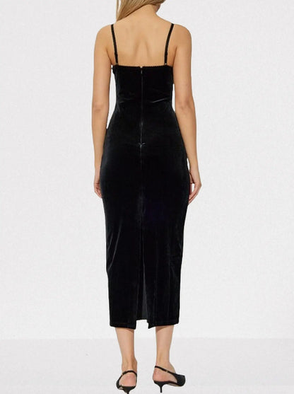 Black Velvet Midi Dress with Lace Detail - Dresses