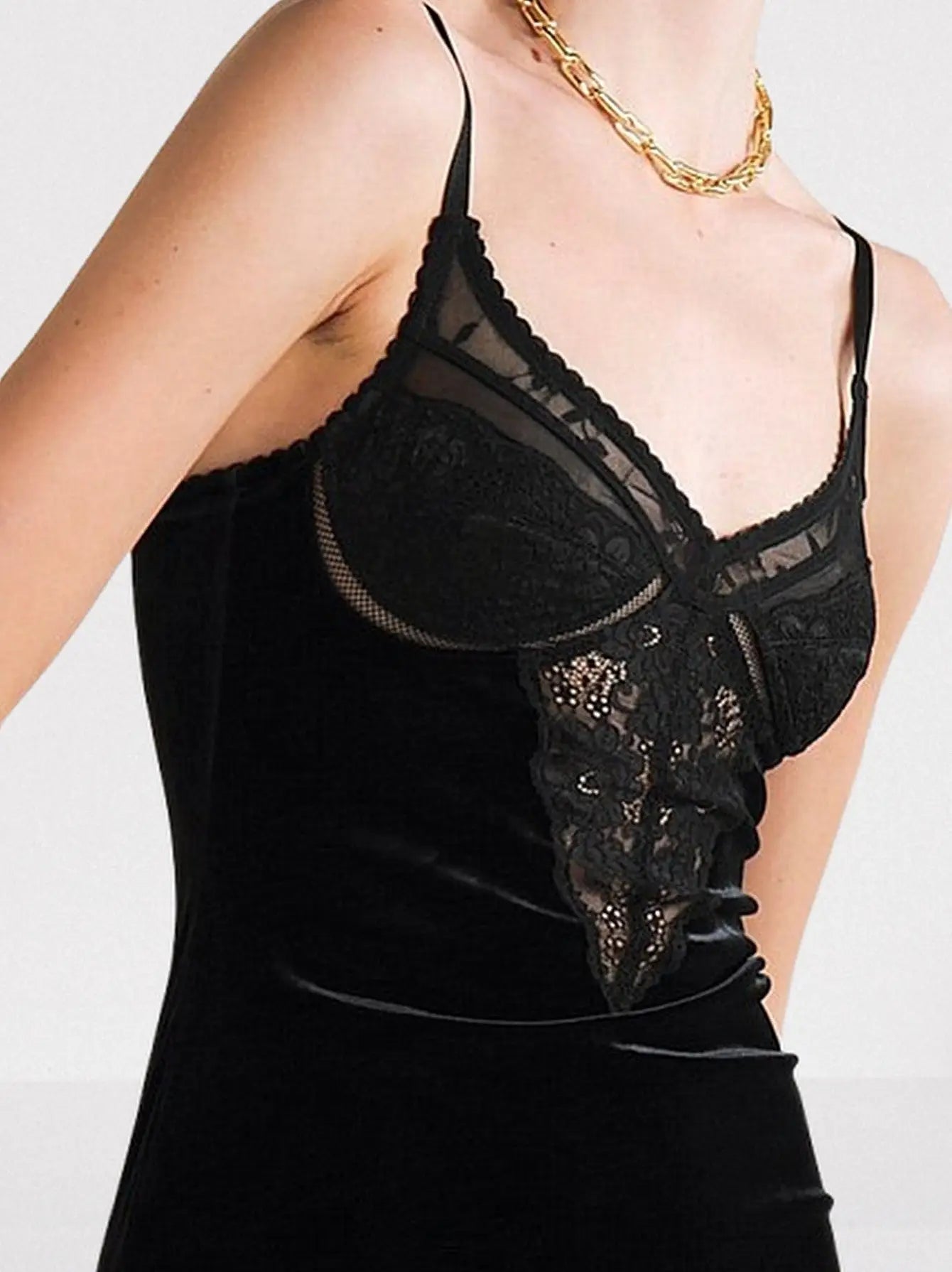 Black Velvet Midi Dress with Lace Detail - Dresses