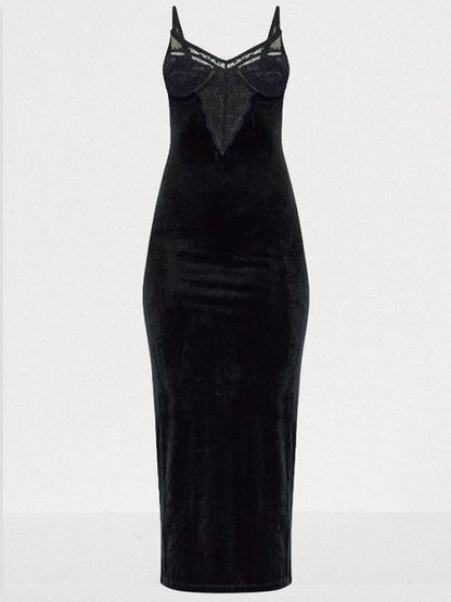 Black Velvet Midi Dress with Lace Detail - Dresses