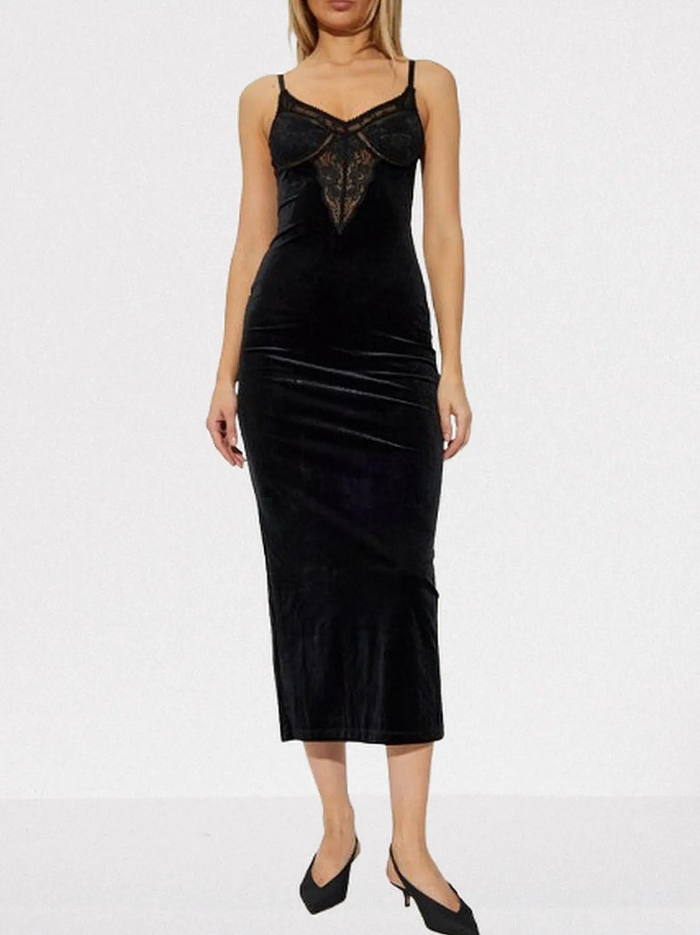 Black Velvet Midi Dress with Lace Detail - Dresses