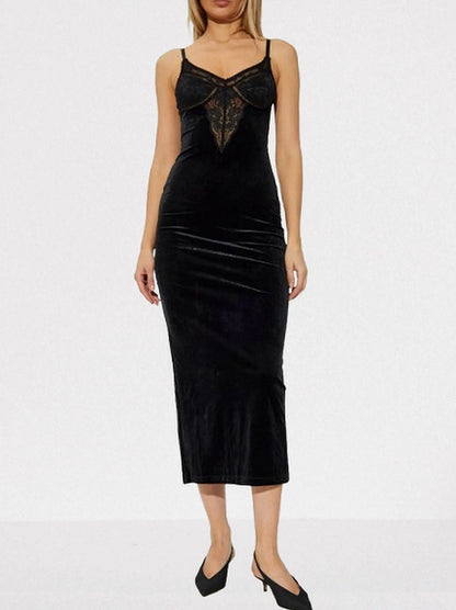 Black Velvet Midi Dress with Lace Detail - Dresses
