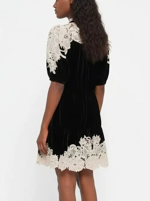 Black Velvet Mini Dress with Contrast Lace Trim - Dresses