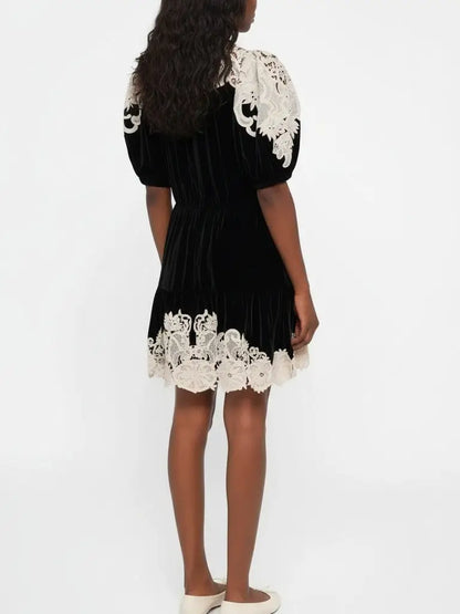 Black Velvet Mini Dress with Contrast Lace Trim - Dresses