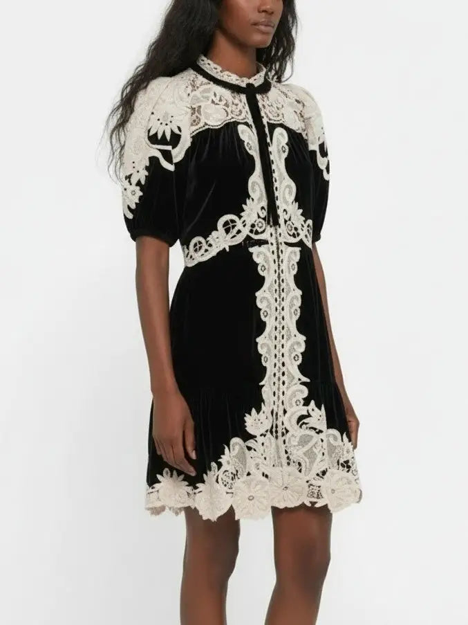 Black Velvet Mini Dress with Contrast Lace Trim - Dresses