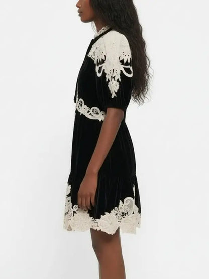 Black Velvet Mini Dress with Contrast Lace Trim - Dresses