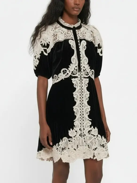 Black Velvet Mini Dress with Contrast Lace Trim - Dresses