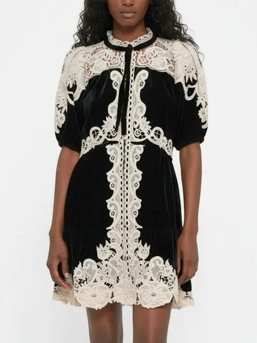Black Velvet Mini Dress with Contrast Lace Trim - Dresses