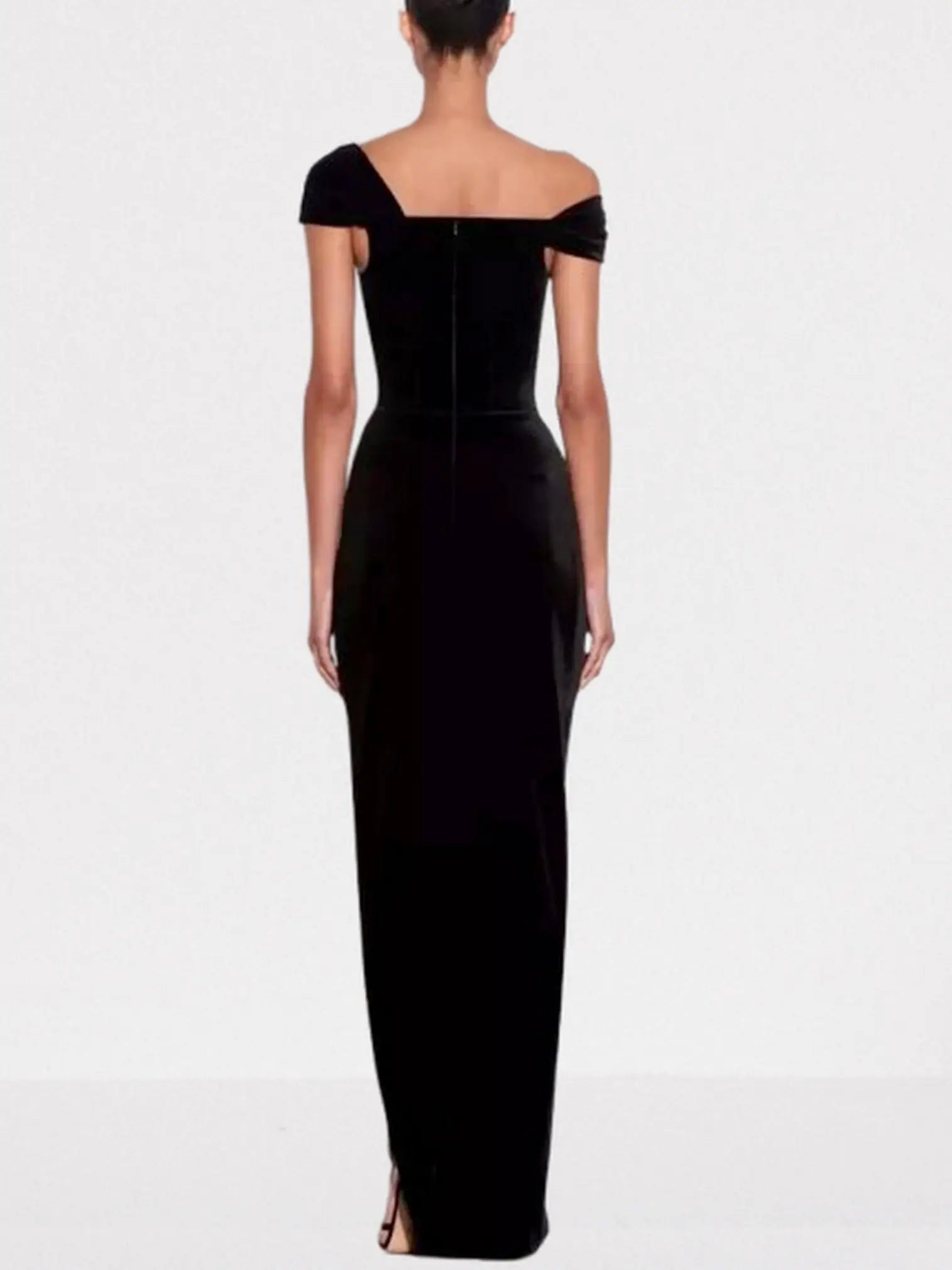 Black Velvet Off-Shoulder Slit Evening Gown - Dresses