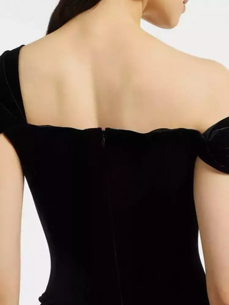 Black Velvet Off-Shoulder Slit Evening Gown - Dresses