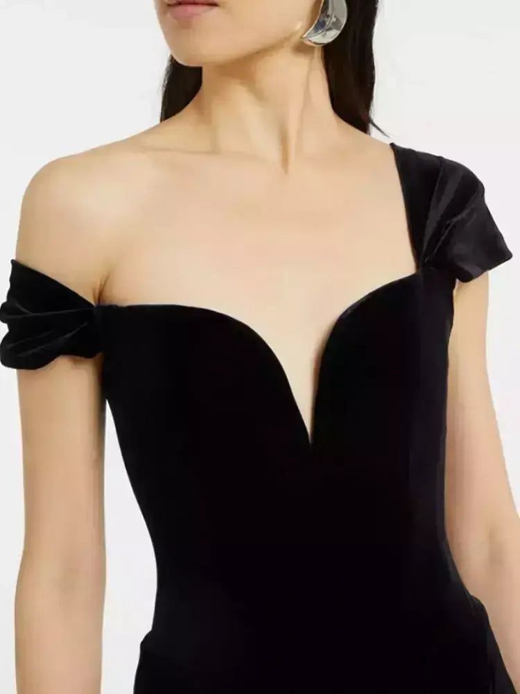 Black Velvet Off-Shoulder Slit Evening Gown - Dresses