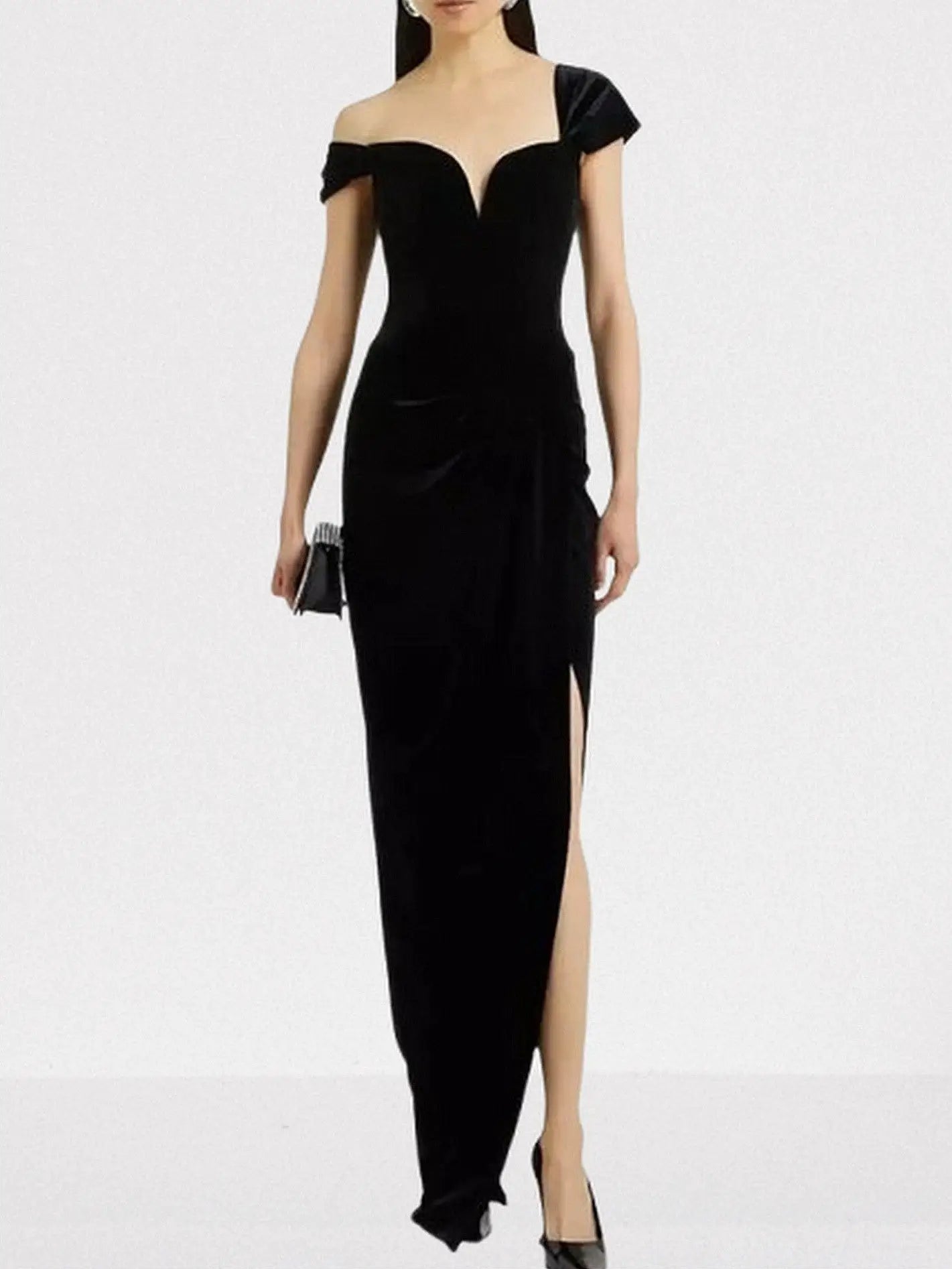 Black Velvet Off-Shoulder Slit Evening Gown - Dresses