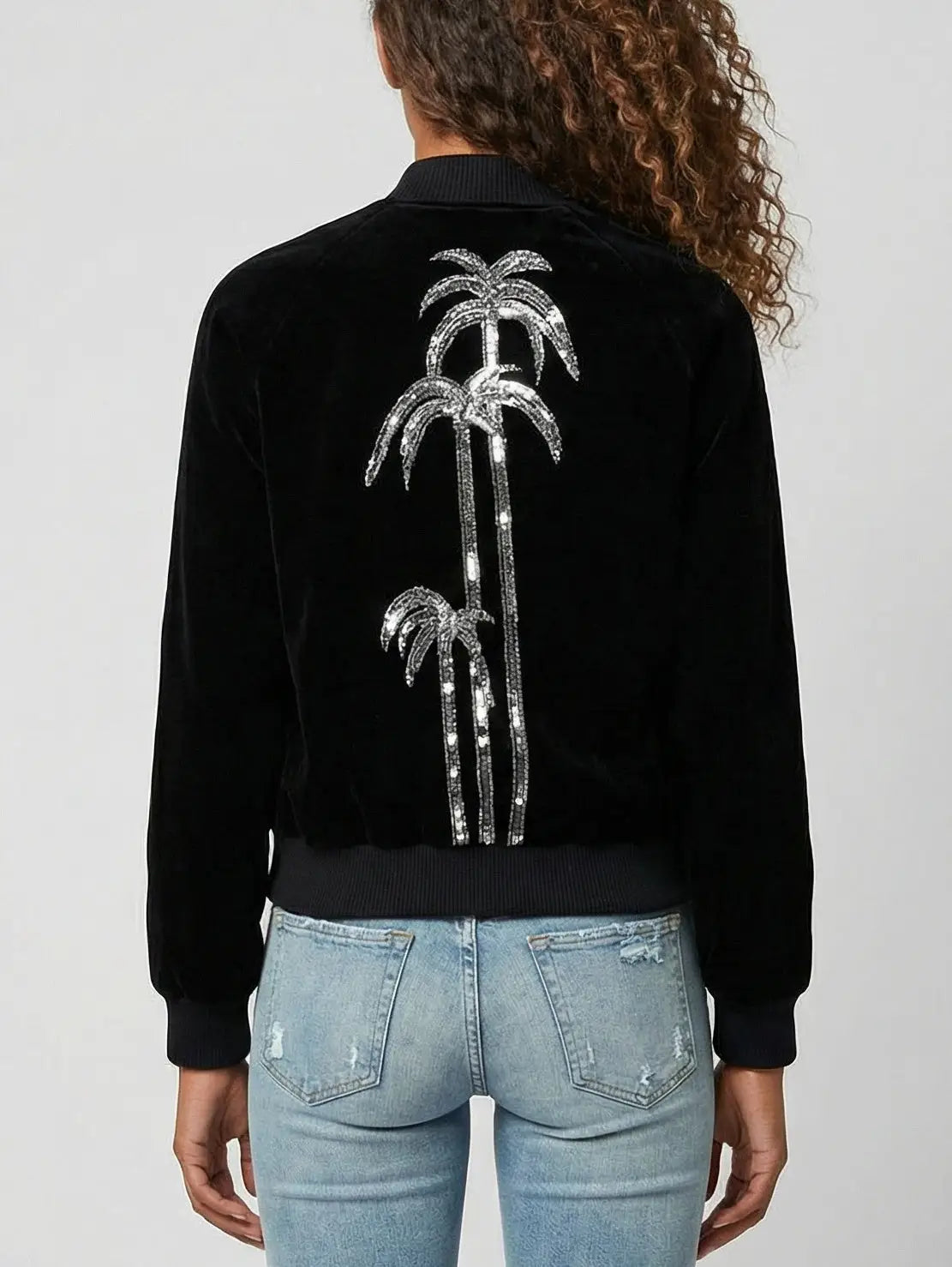 Black Velvet Palm Tree Sequin Bomber Jacket - Jackets