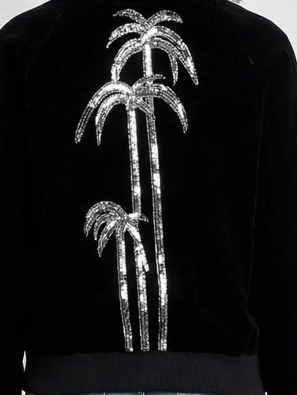 Black Velvet Palm Tree Sequin Bomber Jacket - Jackets