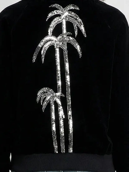 Black Velvet Palm Tree Sequin Bomber Jacket - Jackets