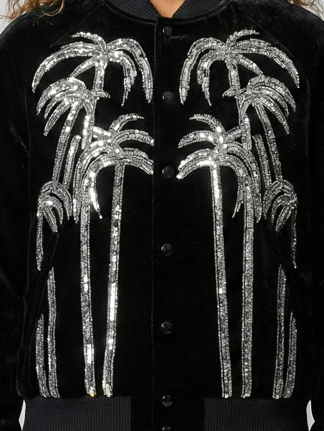 Black Velvet Palm Tree Sequin Bomber Jacket - Jackets