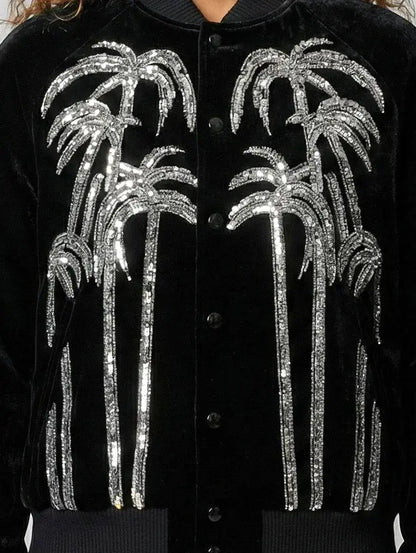 Black Velvet Palm Tree Sequin Bomber Jacket - Jackets