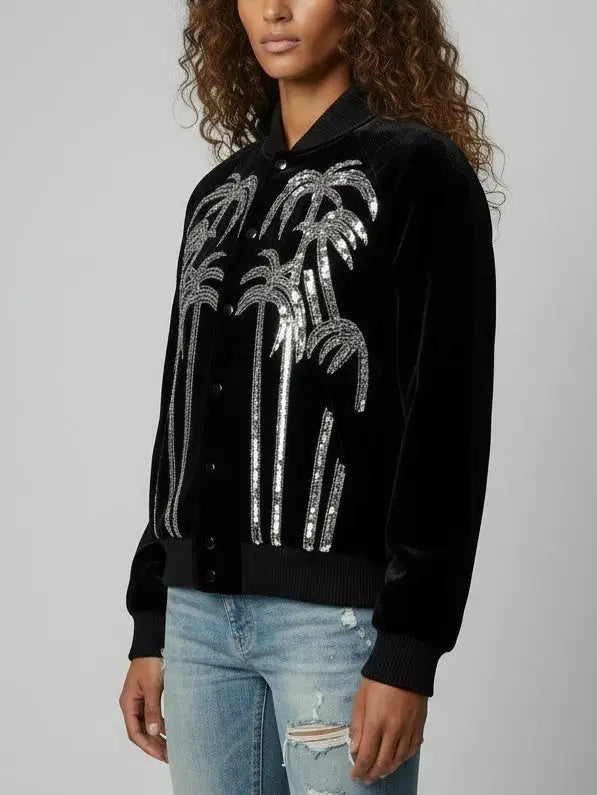 Black Velvet Palm Tree Sequin Bomber Jacket - Jackets