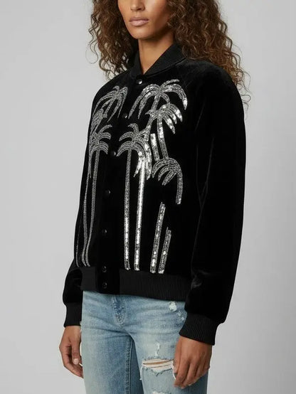 Black Velvet Palm Tree Sequin Bomber Jacket - Jackets