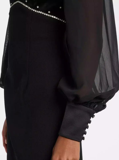 Black Velvet Rhinestone-Collar Mini Dress - Dresses