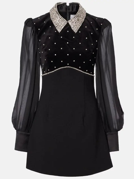 Black Velvet Rhinestone-Collar Mini Dress - Dresses