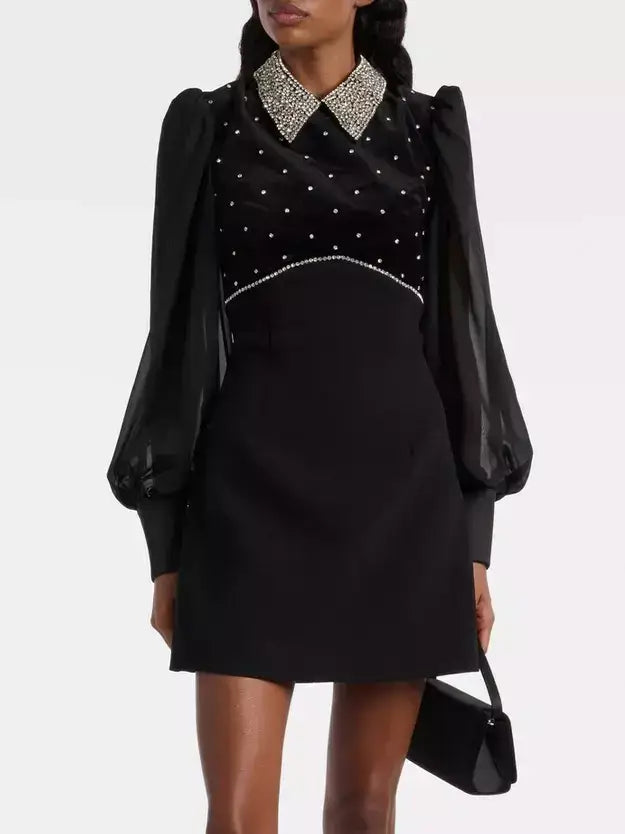 Black Velvet Rhinestone-Collar Mini Dress - Dresses