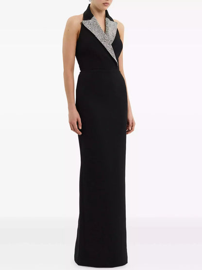 Black Velvet Rhinestone-Lapel Halterneck Gown - Dresses