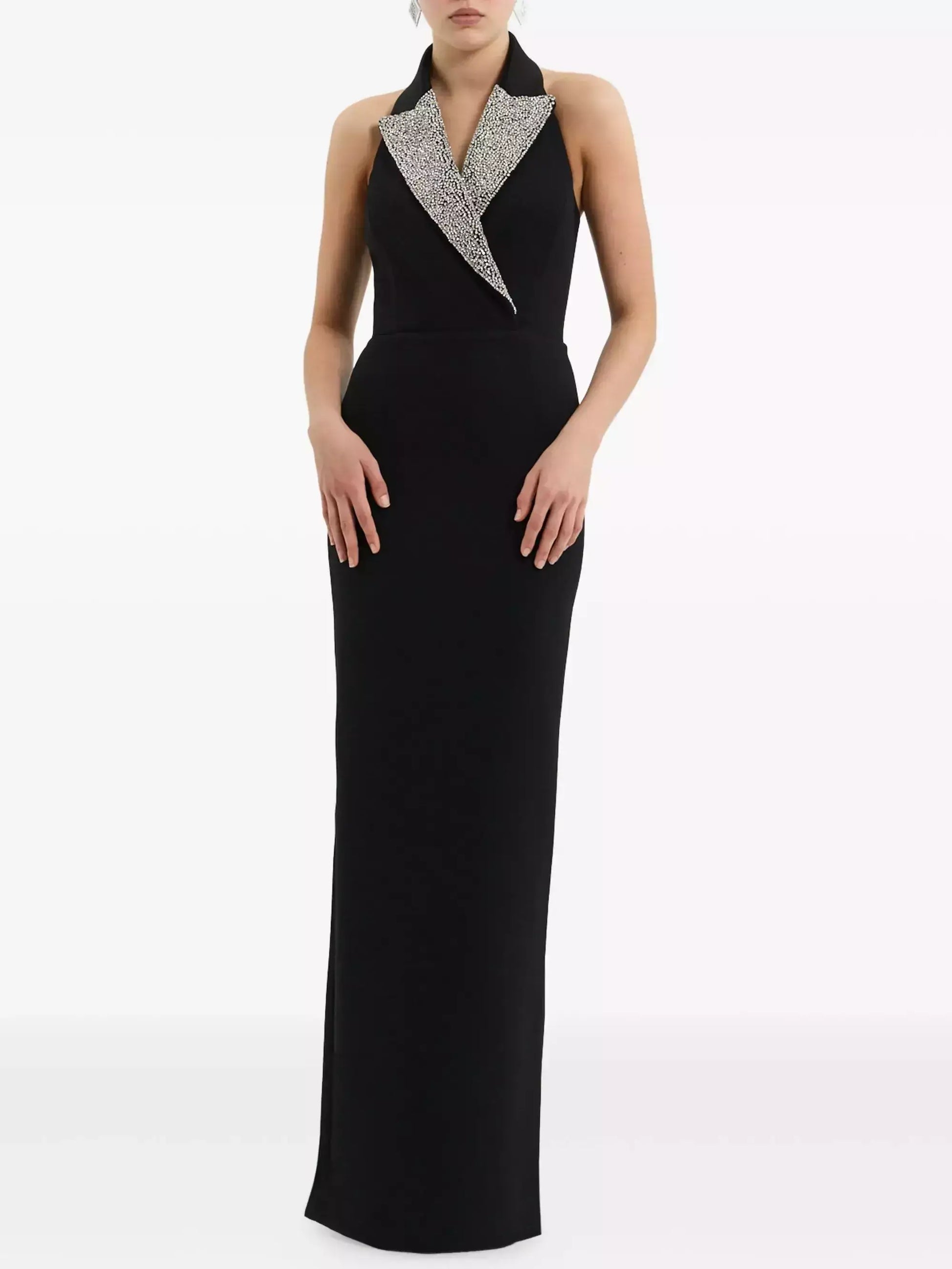 Black Velvet Rhinestone-Lapel Halterneck Gown - Dresses
