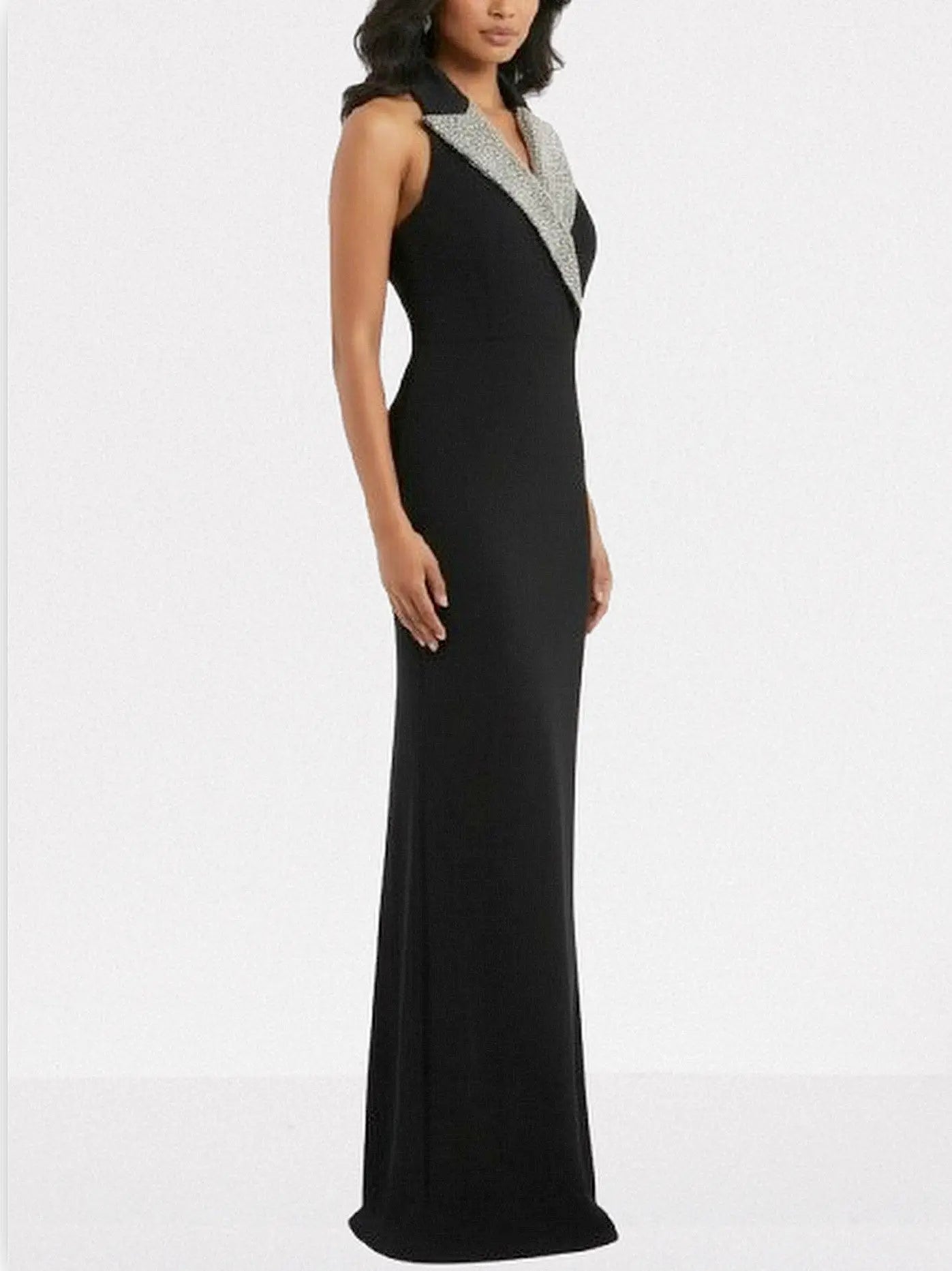 Black Velvet Rhinestone-Lapel Halterneck Gown - Dresses