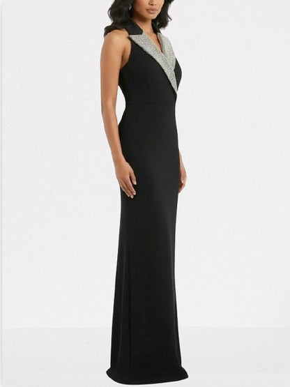 Black Velvet Rhinestone-Lapel Halterneck Gown - Dresses