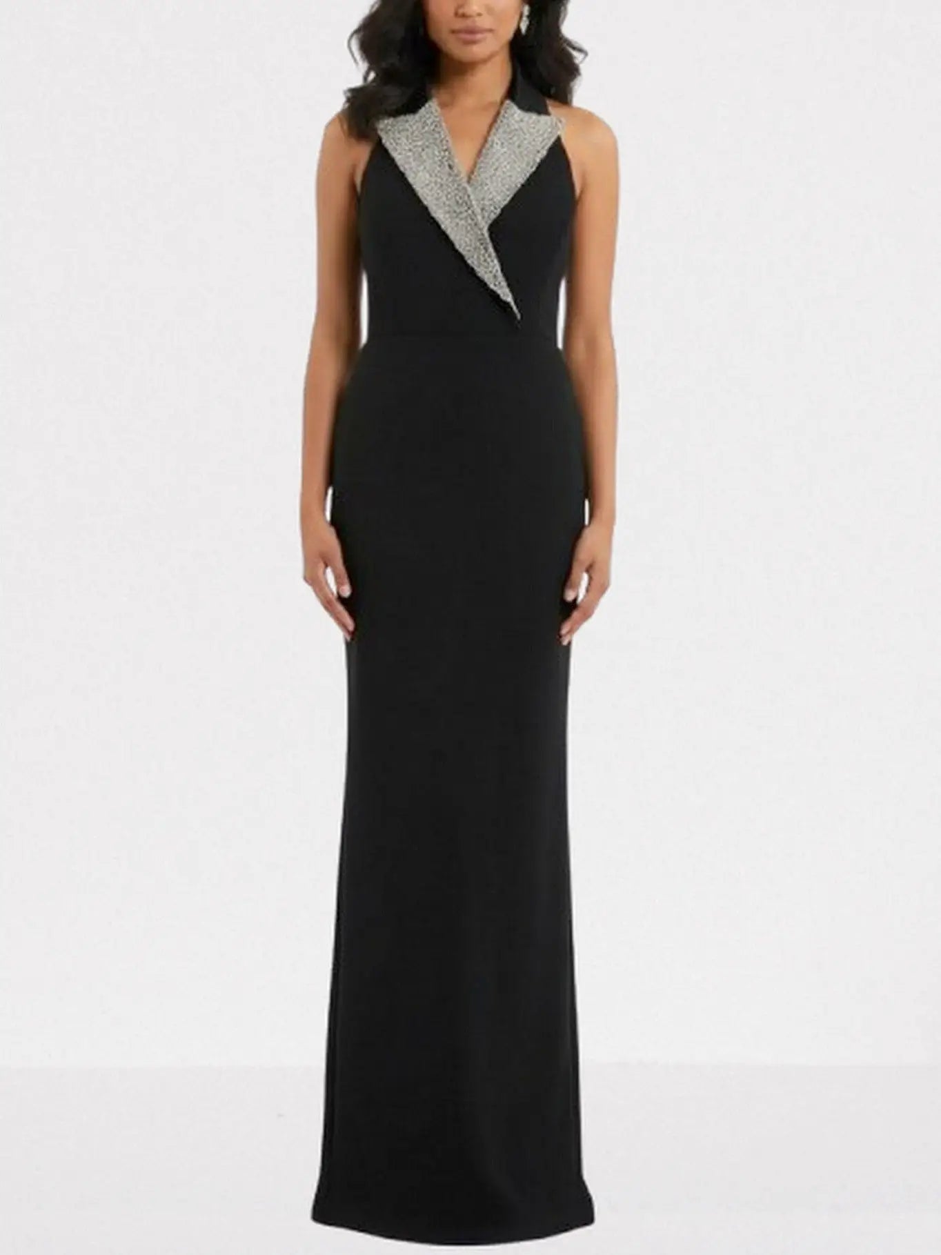 Black Velvet Rhinestone-Lapel Halterneck Gown - Dresses