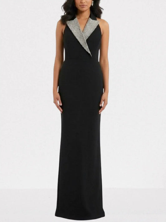 Black Velvet Rhinestone-Lapel Halterneck Gown - Dresses