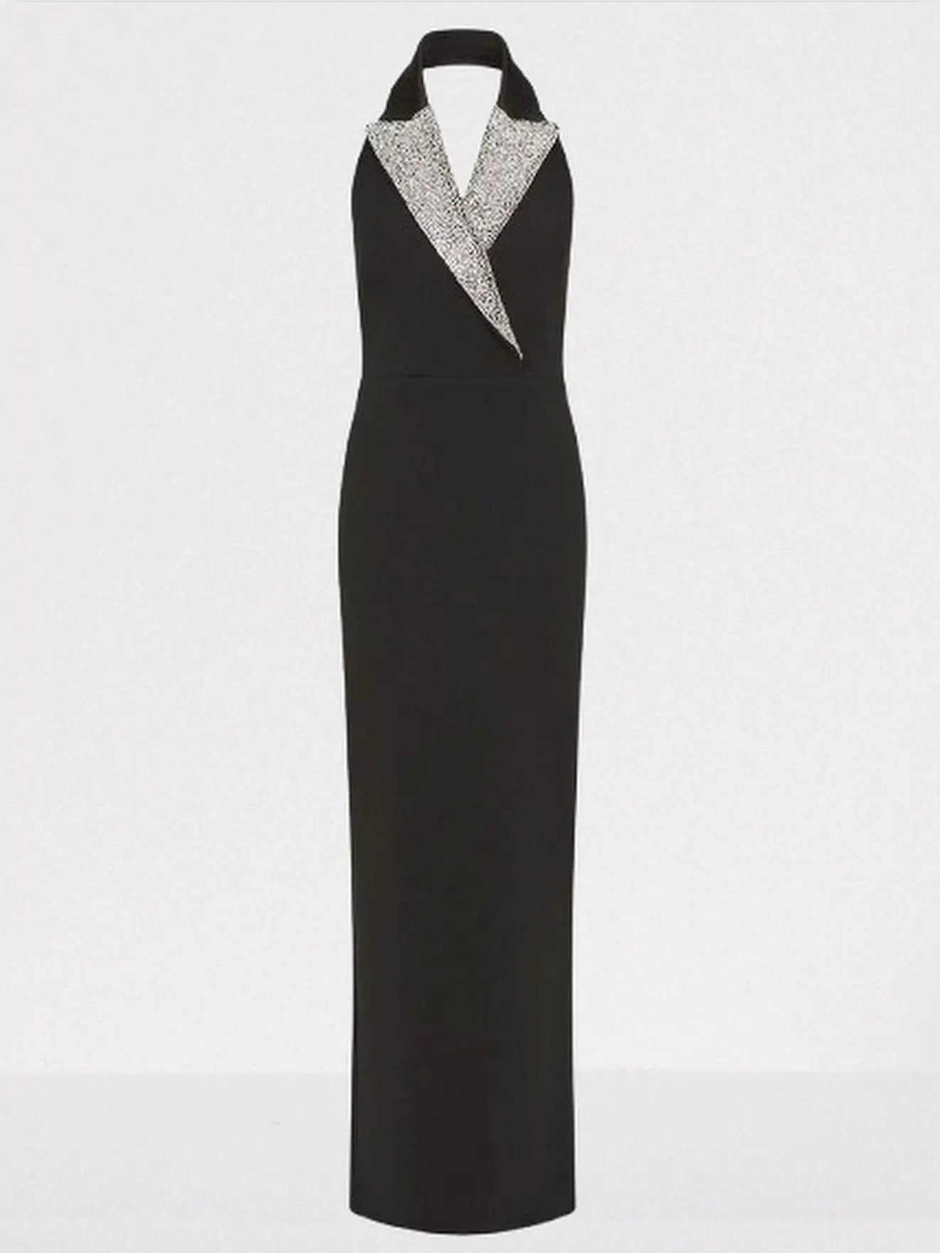 Black Velvet Rhinestone-Lapel Halterneck Gown - Dresses