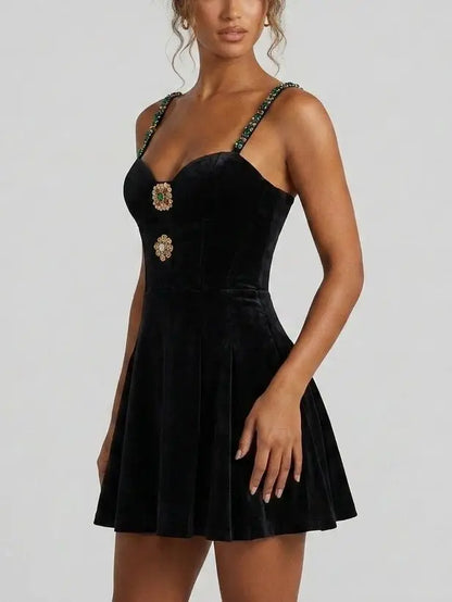Black Velvet Rhinestone Strap Fit and Flare Mini Dress - Dresses