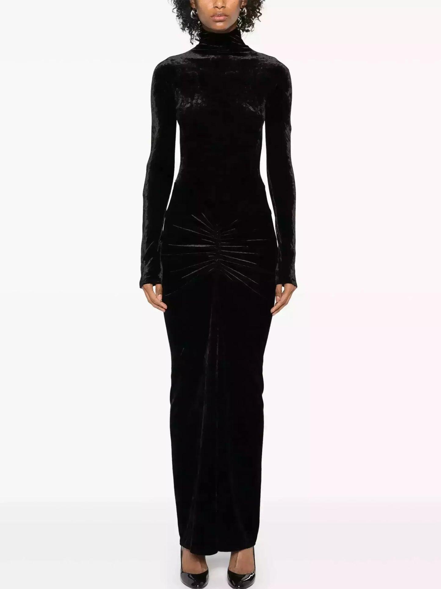 Black Velvet Ruched Long Dress - Dresses