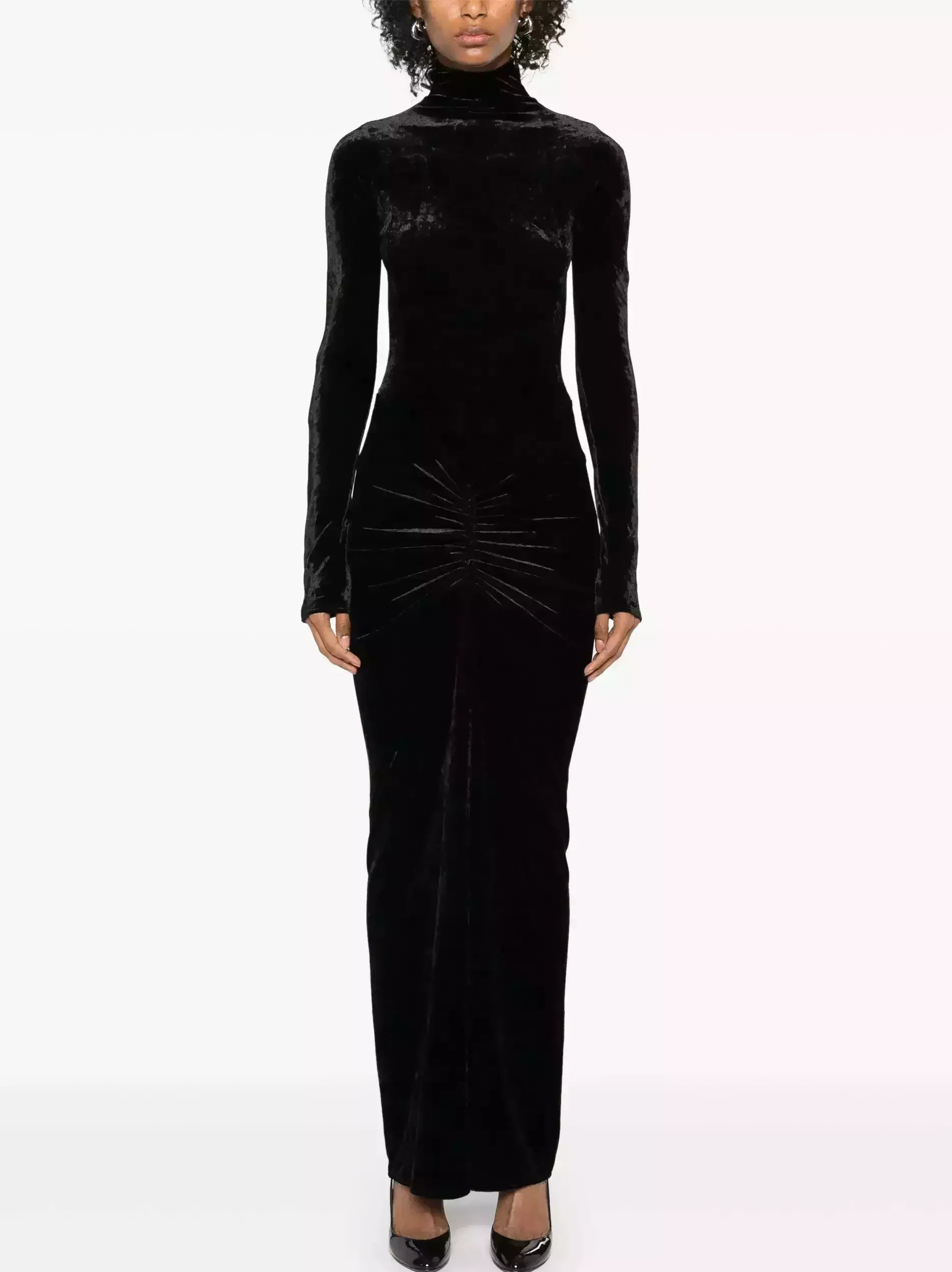Black Velvet Ruched Long Dress - Dresses