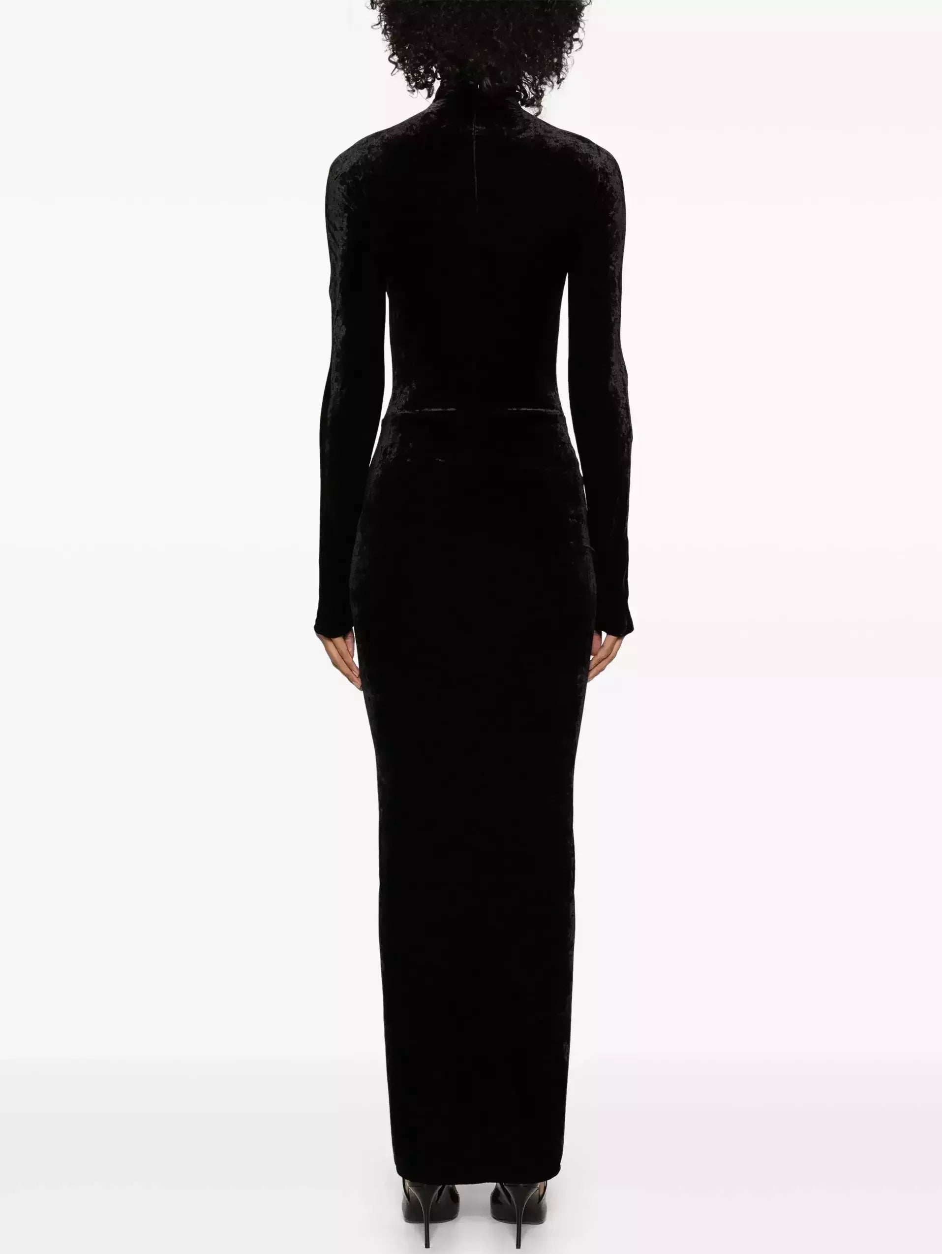 Black Velvet Ruched Long Dress - Dresses