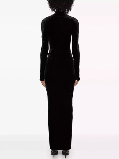 Black Velvet Ruched Long Dress - Dresses