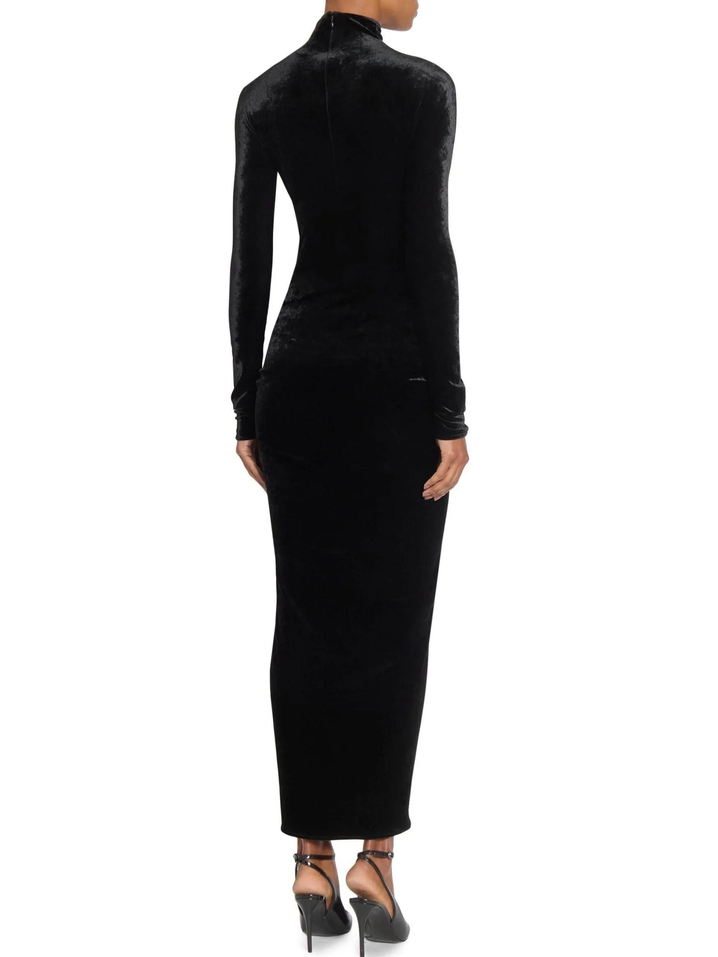 Black Velvet Ruched Long Dress - Dresses