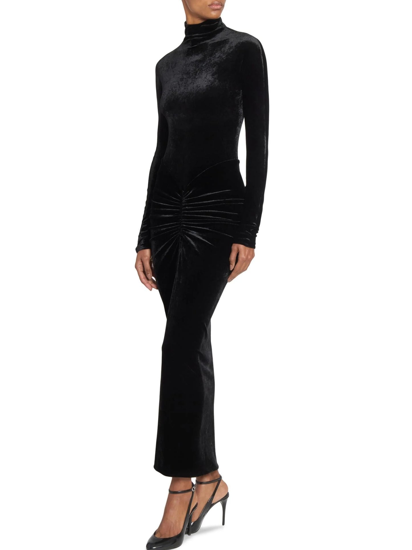 Black Velvet Ruched Long Dress - Dresses