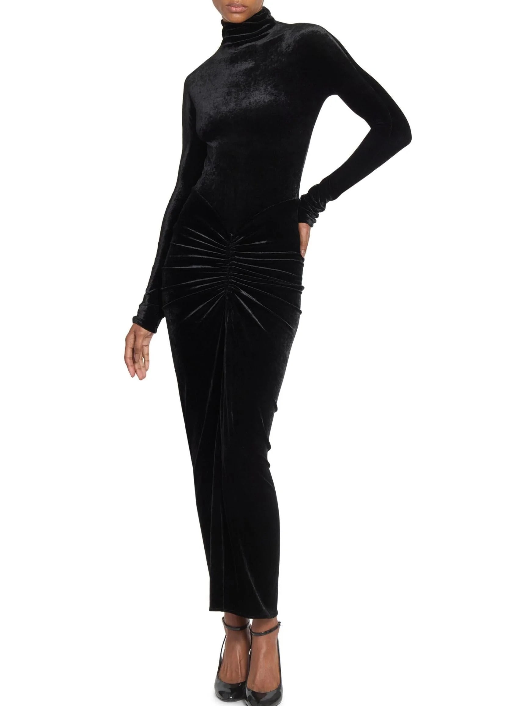 Black Velvet Ruched Long Dress - Dresses
