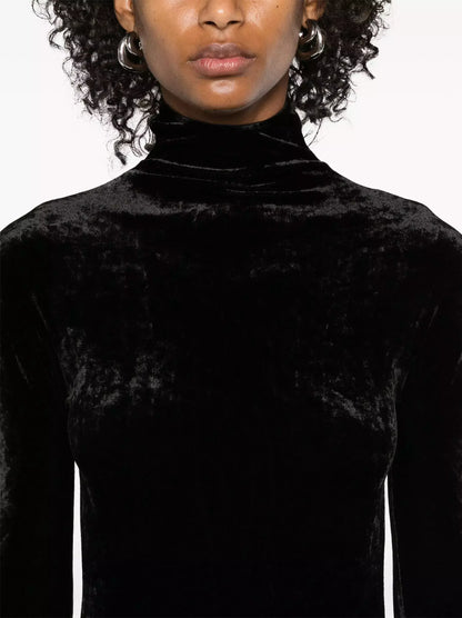 Black Velvet Ruched Long Dress - Dresses