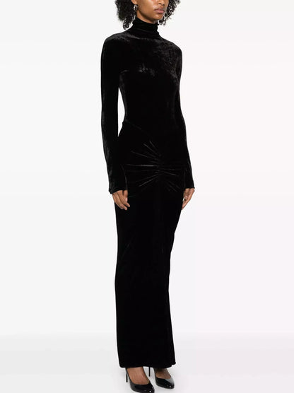 Black Velvet Ruched Long Dress - Dresses