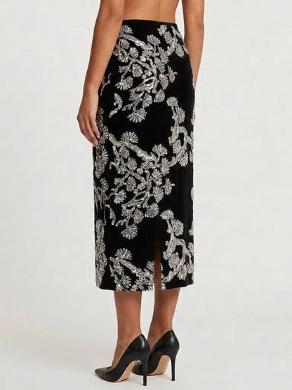 Black Velvet Silver Sequin Embroidered Midi Skirt - Skirts