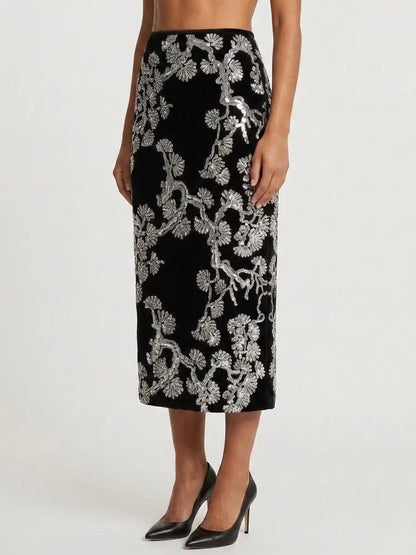 Black Velvet Silver Sequin Embroidered Midi Skirt - Skirts