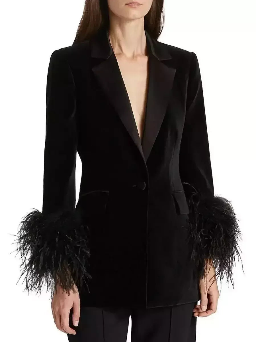 Black Velvet Single-Breasted Feather-Cuff Blazer - Jackets