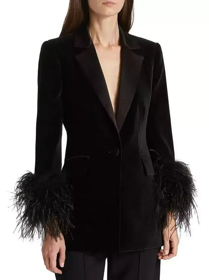 Black Velvet Single-Breasted Feather-Cuff Blazer - Jackets