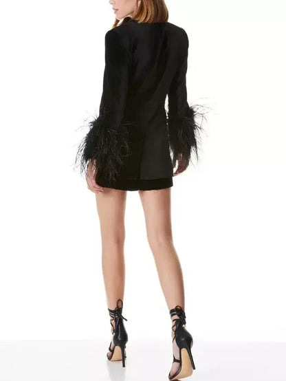Black Velvet Single-Breasted Feather-Cuff Blazer - Jackets