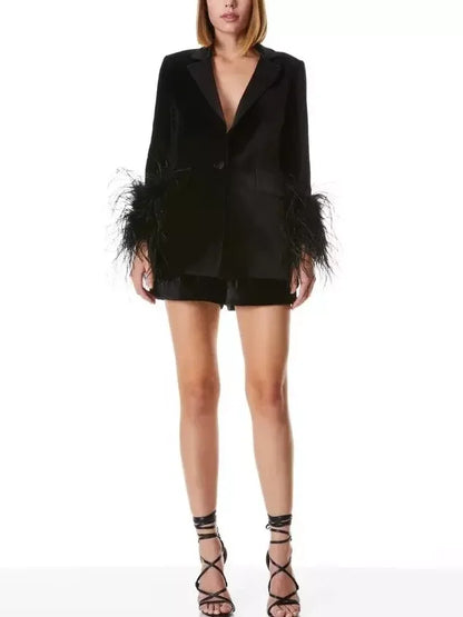 Black Velvet Single-Breasted Feather-Cuff Blazer - Jackets