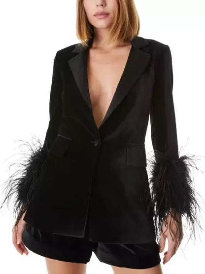 Black Velvet Single-Breasted Feather-Cuff Blazer - Jackets